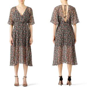 Rebecca Minkoff Sz 12 Black Floral Ali V-Neck Flutter Sleeve Midi Chiffon Dress